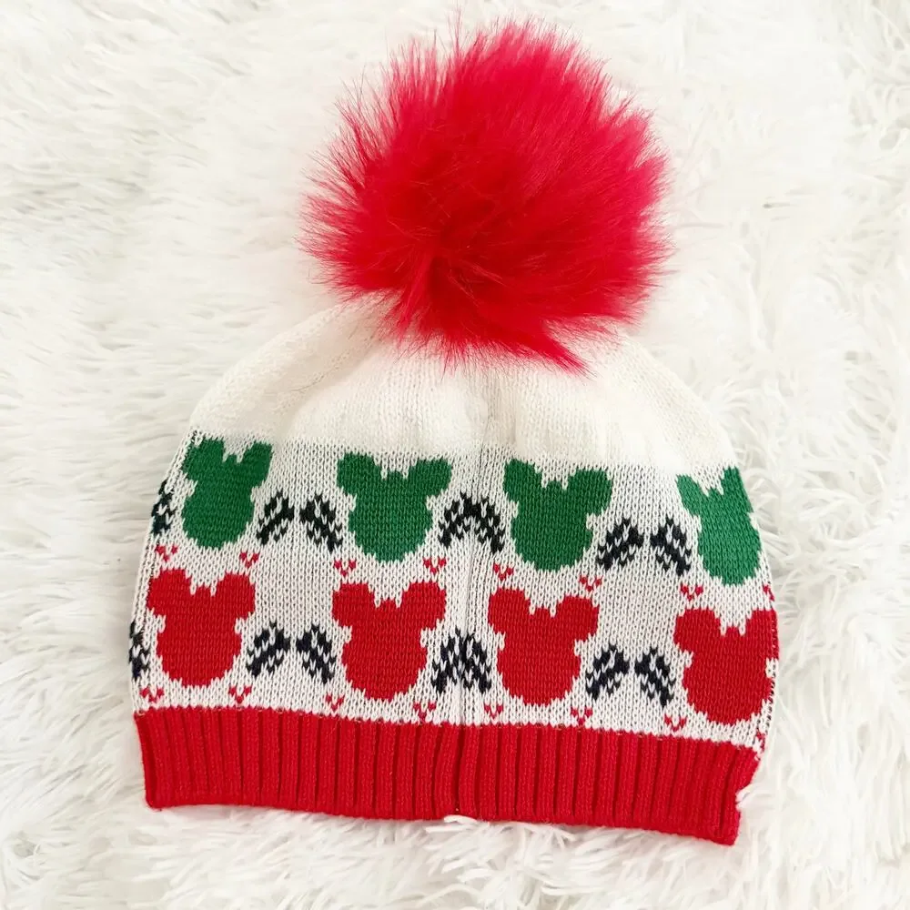 HANNA ANDERSSON | Mickey Mouse Holiday Knit Pom Beanie Hat Red Green | Kids OSFM